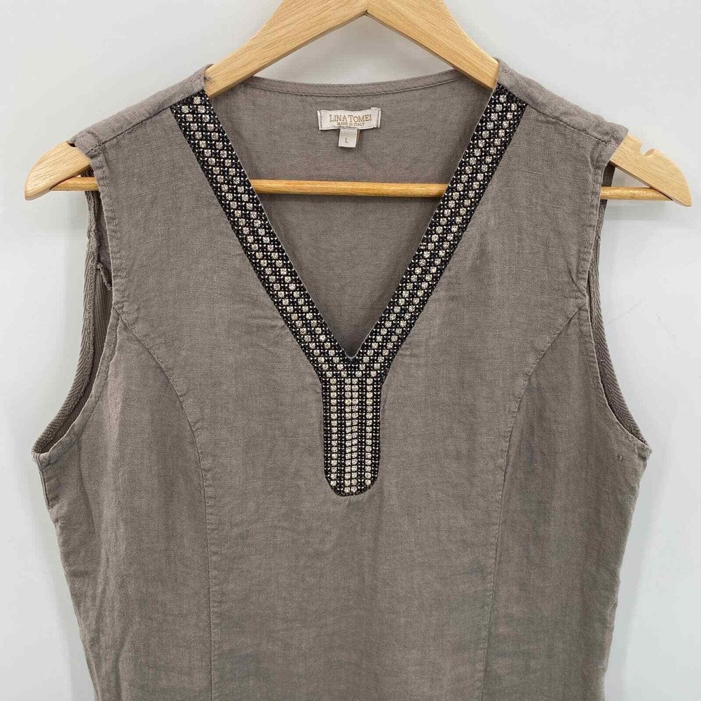 Lina Tomei Shift Dress Womens Large Gray Gemstone Collar Linen Ribbed Sides HOLE - Picture 4 of 9